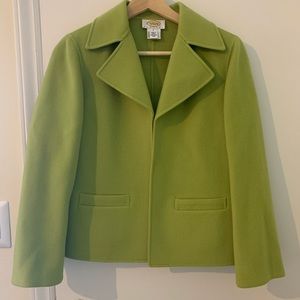 Talbots Open front Jacket 100% Wool Blazer Lime Green Pockets